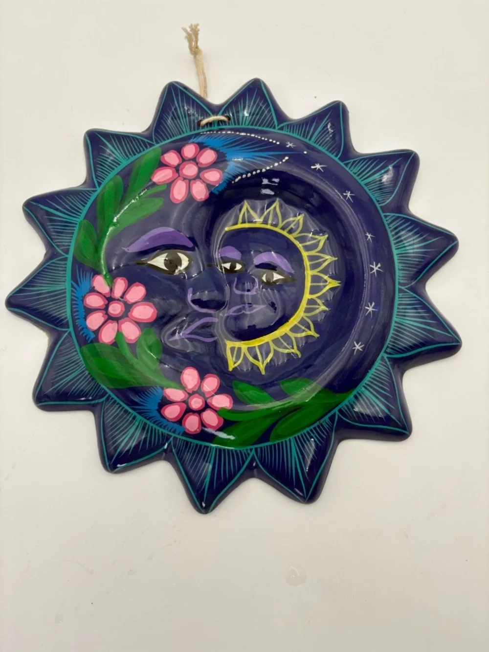 Hand-Painted Terracotta Sun & Moon Wall Plaque - Deep Blue with Pink Flowers